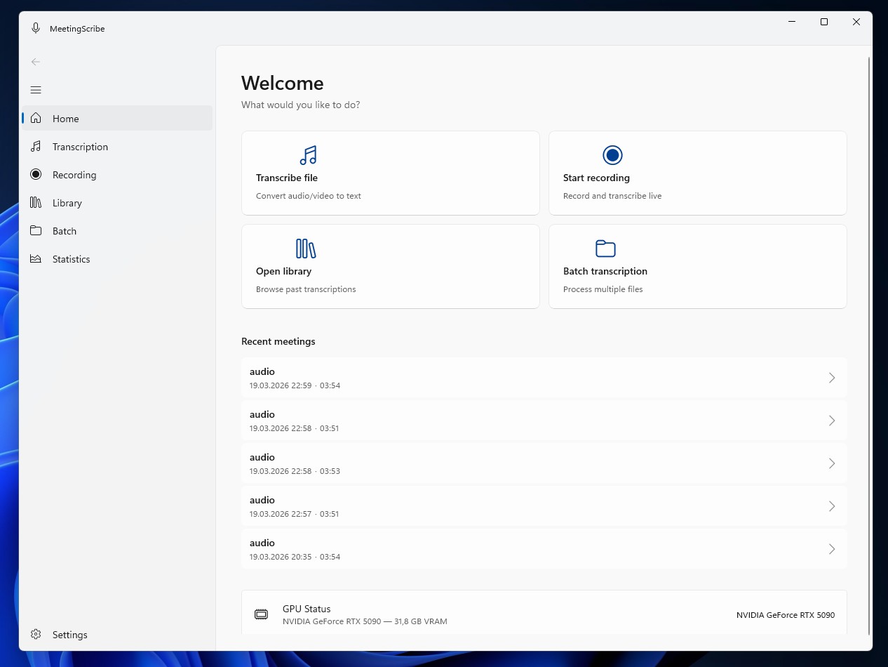 MeetingScribe Hauptansicht — Startseite der Windows-App